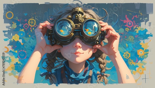 A young girl with goggles is holding her head, surrounded by colorful ideas and symbols representing creativity and imagination.