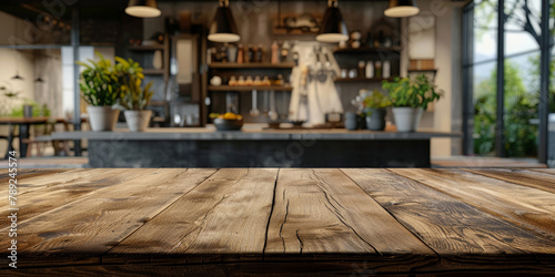  empty wooden table  in modern kitchen interior with Blurred background . for product display, copy space. A kitchen counter in a home or restaurant,  photo