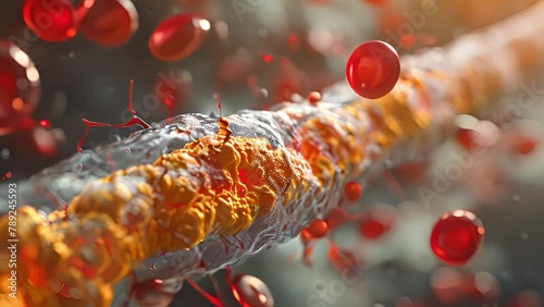 Close-Up View of Cholesterol Buildup in Blood Vessel With Blood Cells photo