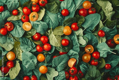 Fresh Harvest of Red and Orange Tomatoes on a Bed of Vibrant Leafy Greens in Natural Light © VICHIZH