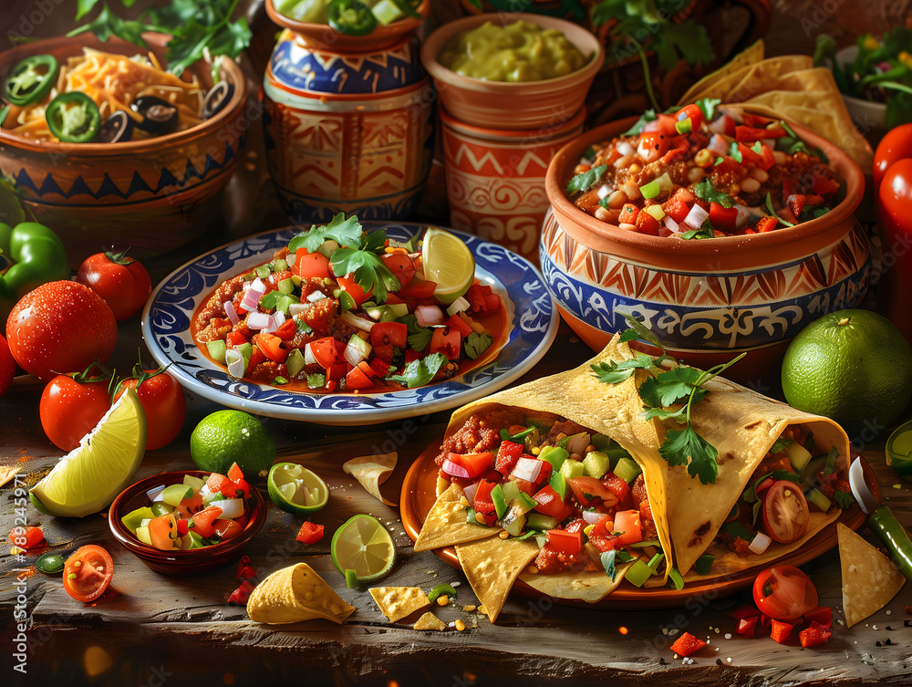 Feast of Mexican Cuisine: Loaded Tacos, Fresh Salsa, and Guacamole in Traditional Pottery.