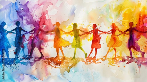 Abstract watercolor painting of diverse people group united, colorful brushstrokes/splashes form figures holding hands in circle. Vibrant colors, flowing forms, unity illustration