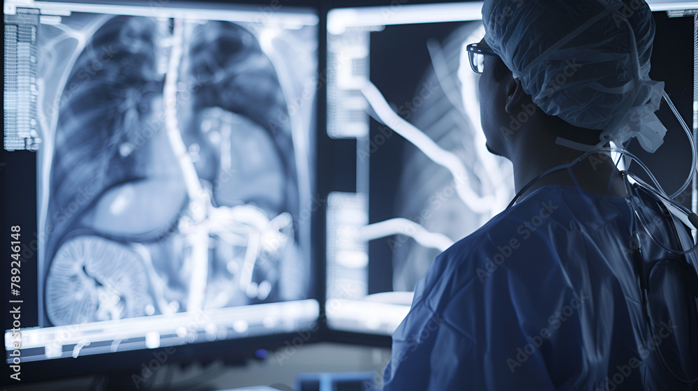 a doctor looking at big screen showing ribs X ray in a medical lab
a doctor looking at big screen showing ribs X ray in a medical lab