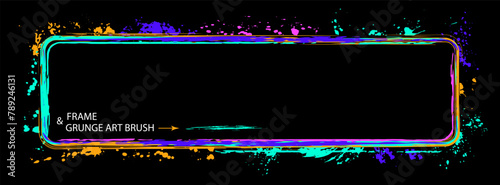 Set of horizontal rectangular frame, grunge art brush. Neon bright colors. Virtual abstract design elements set with copy space, paint brush strokes, splattered paint