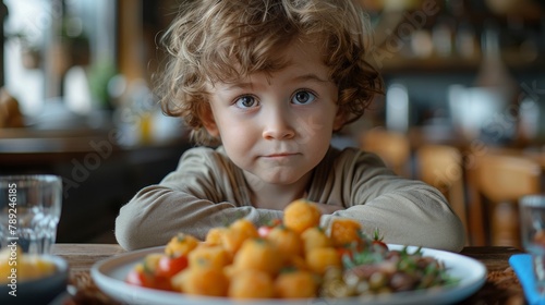 Unhappy small grumpy kid sitting in front of plate with healthy food in kitchen at home. Children healthcare concept