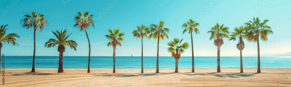 Palm trees line the beach in front of a blue ocean. Summer travel background. Banner