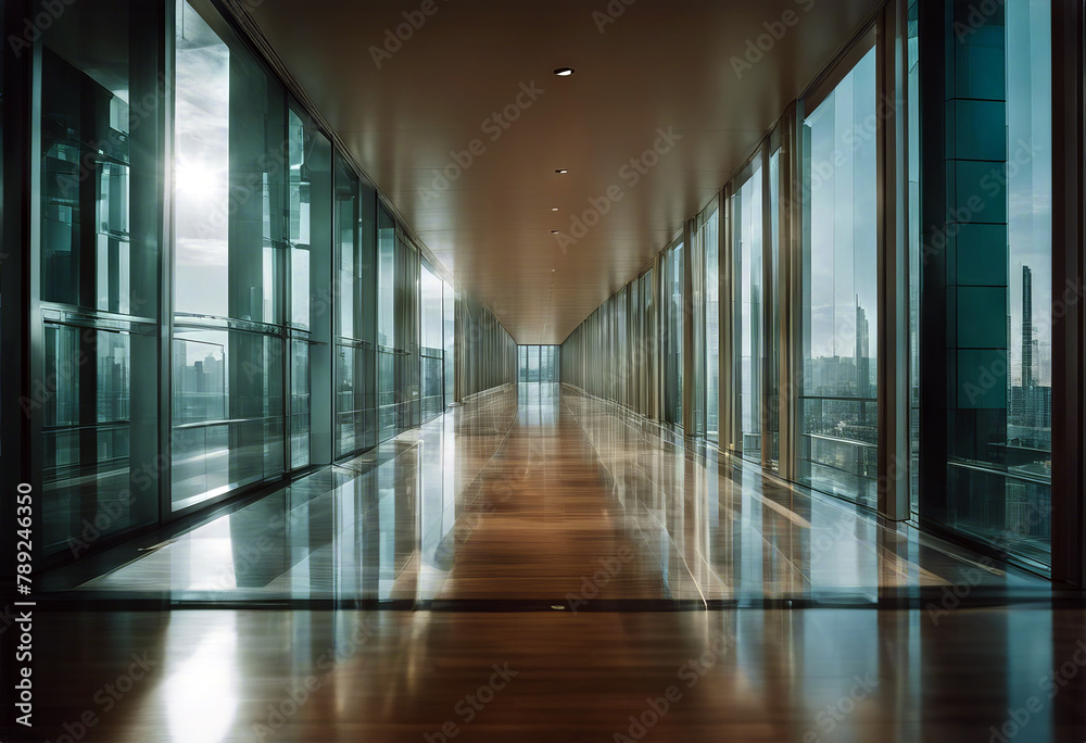 copyspace glass corridor Modern office glasses hallway copy space background side view equipment window city daylight loft real estate architecture room design inside
