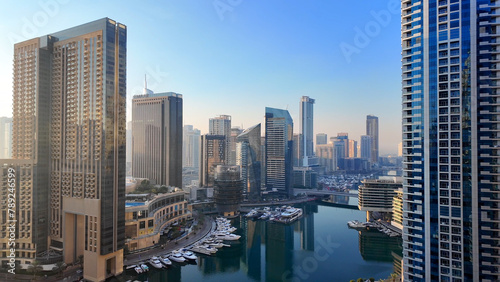 Aerial view of Dubai Marina. Dubai Marina is an affluent residential neighborhood known for The Beach at JBR. 