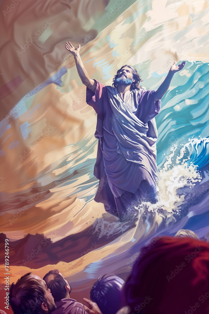 Fototapeta premium Illustration of Moses on the crossing of the red sea leading the people of Israel on the way to Canaan