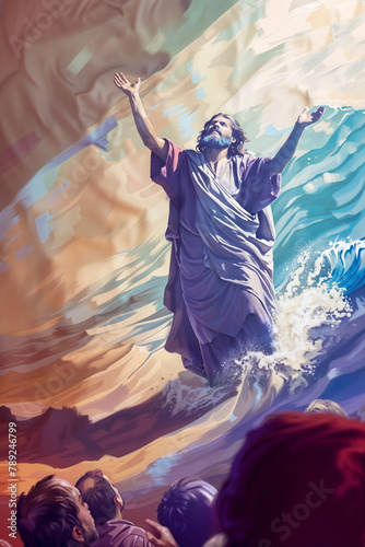 Illustration of Moses on the crossing of the red sea leading the people of Israel on the way to Canaan