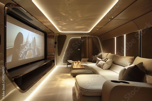 : A sleek and modern home theater with a large screen and comfortable seating