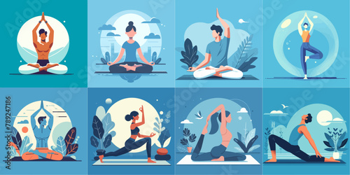 illustration set of people doing yoga poses. Healthy and wellness lifestyle. Flat vector illustration