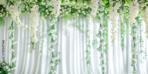 backdrop photo with white curtain in the garden  white curtain backdrop for ceremony party  outdoor backgrop with blured background