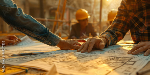 construction workers and architects , gathered around blueprints on the table with modern architecture drawings.
