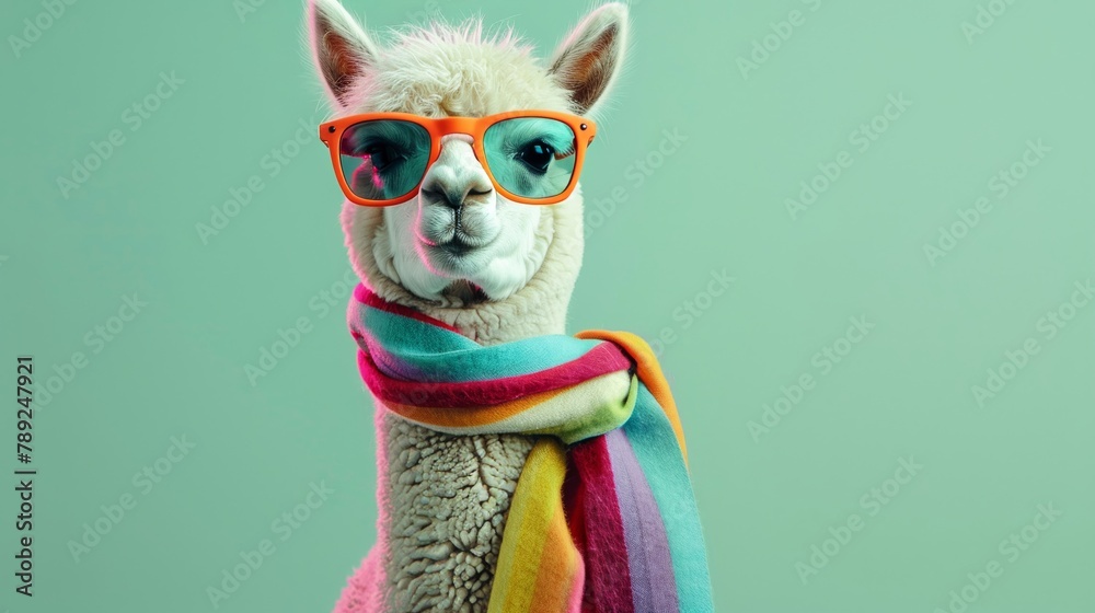 Fototapeta premium Fashionforward alpaca Showcasing bold sunglasses and a colorful scarf, poised against mint green