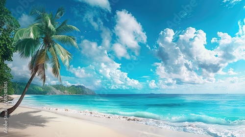 Beautiful palm tree on tropical island beach on background blue sky with white clouds and turquoise ocean on sunny day. Perfect natural landscape for summer vacation. copy space for text.