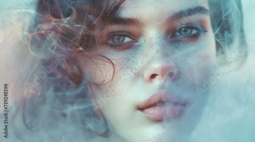 Soft focus An enigmatic woman, eyes brimming with emotion, cloud mist enshrouding her, pastel backdrop