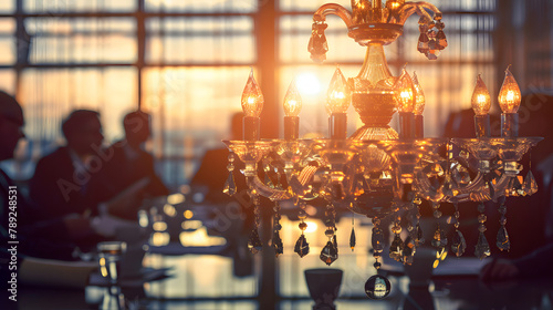 Wallpaper Mural A chandelier sparkling vividly in the forefront. surrounded by executives sitting around a boardroom table with documents Torontodigital.ca
