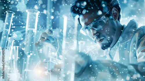 A cinematic photo of a scientist rushing with test tubes in his hands. he is carrying many research samples in the laboratory. He has glasses and wears a white lab coat