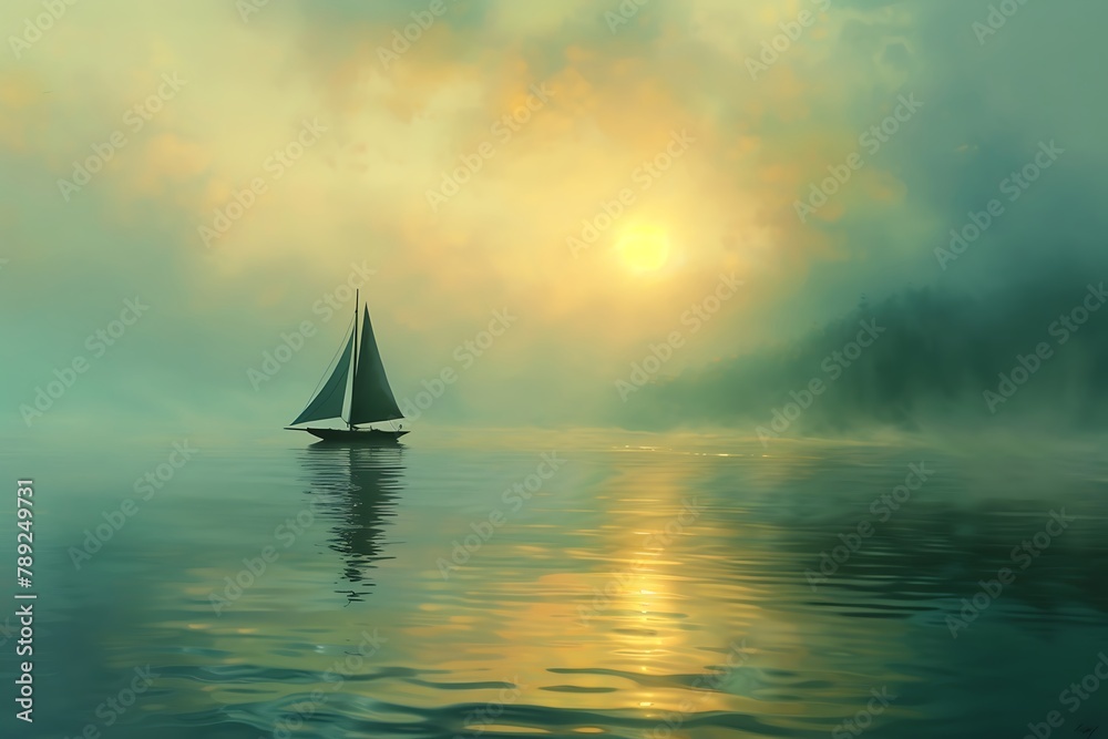 : A serene scene of a small boat sailing on a calm lake, with a misty shoreline in the distance, and a warm sun overhead