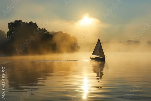 : A serene scene of a small boat sailing on a calm lake, with a misty shoreline in the distance, and a warm sun overhead