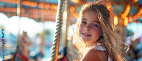 A cute 10-year-old girl happily sitting on a merry-go-round in an amusement park.  photo