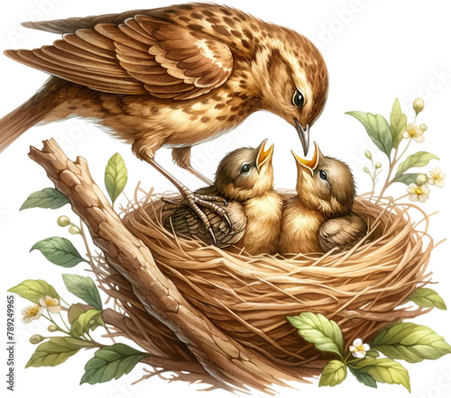 Mother Bird Tending to Her Chicks in a Cozy Nest Illustration
