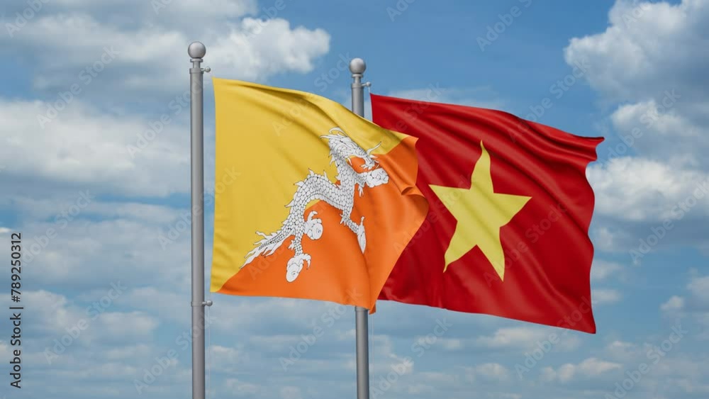 Vietnam and Bhutan two flags waving together, looped video