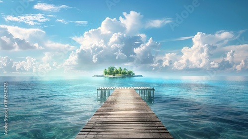 Beautiful tropical landscape background, concept for summer travel and vacation. Wooden pier to an island in ocean against blue sky with white clouds, copy space for text.