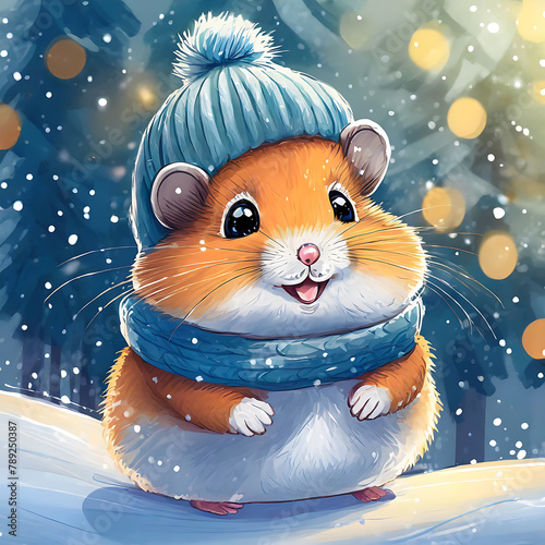 Portrait of a cute cute hamster dressed in a knitted hat and scarf in winter. AI generated.