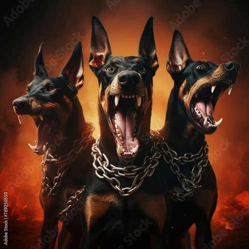 doberman dog barking in hell with chain thunder on the background сreated with Generative Ai © Andrii Yablonskyi