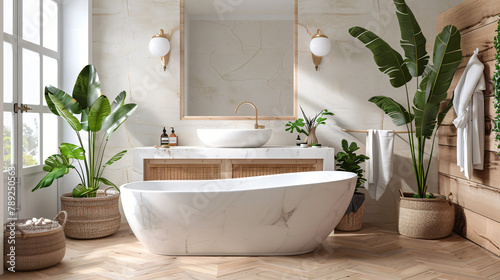 Modern bathroom interior with white bathtub and marble