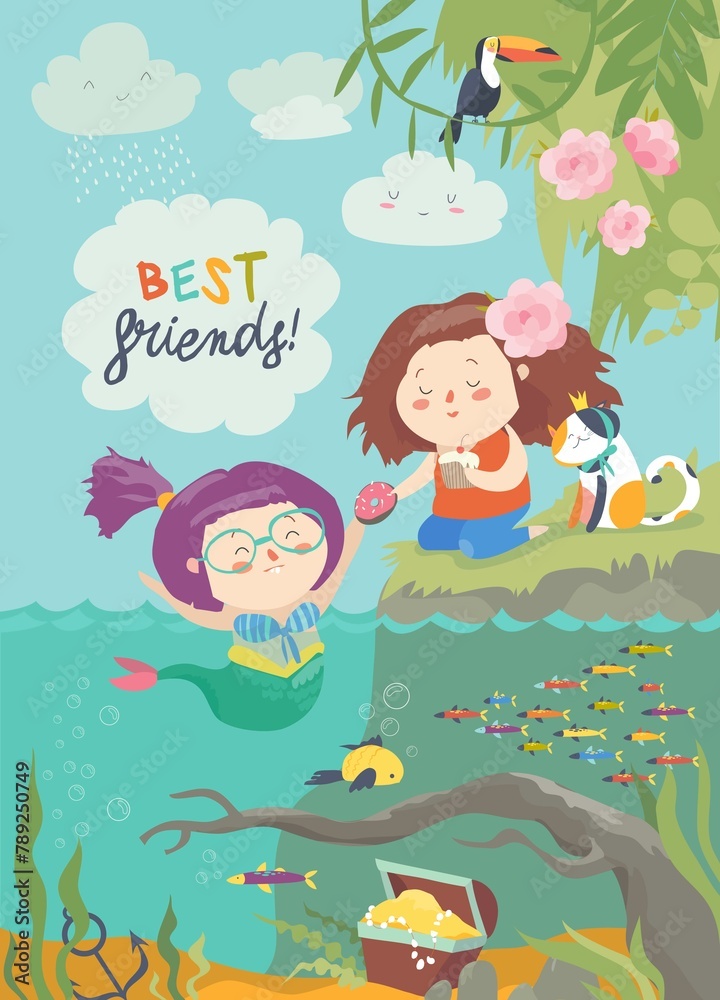 Cute mermaid and girl are best friends - obrazy, fototapety, plakaty 