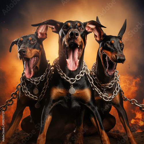 doberman dog barking in hell with chain thunder on the background сreated with Generative Ai