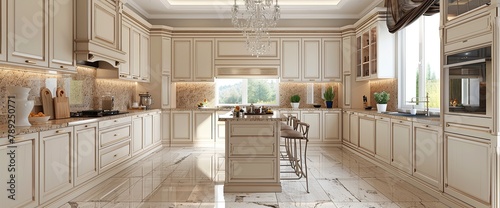 Luxury kitchen interior in light beige color with back splash trim and tile floor photo