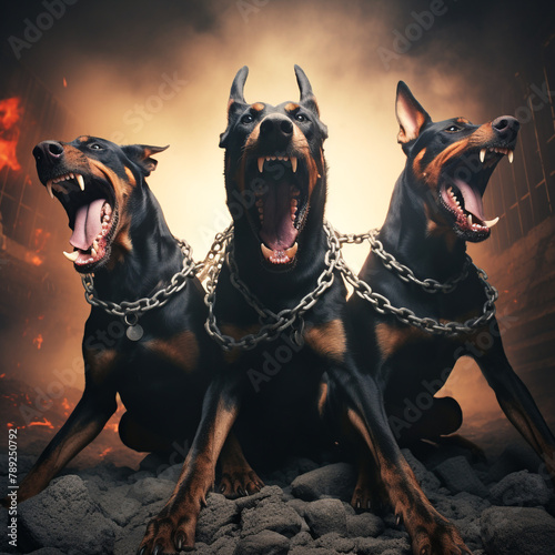 doberman dog barking in hell with chain thunder on the background сreated with Generative Ai