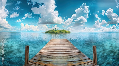 Beautiful tropical landscape background, concept for summer travel and vacation. Wooden pier to an island in ocean against blue sky with white clouds, copy space for text. © Naknakhone