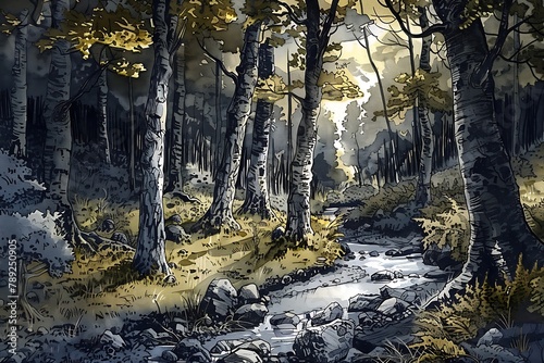 : A serene forest scene with towering trees and a babbling brook, inked with delicate detail