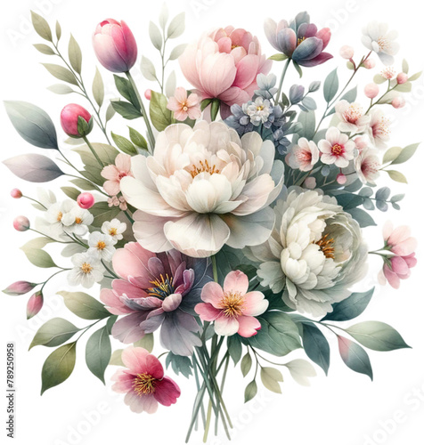 Watercolor Painting of Peony and Tulip Floral Arrangement 