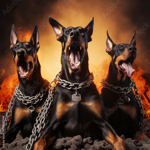 doberman dog barking in hell with chain thunder on the background сreated with Generative Ai © Andrii Yablonskyi