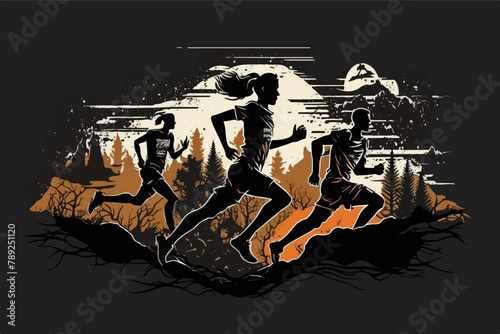 Running silhouettes. Vector illustration, Trail Running, Marathon runner, running postcard, trail running