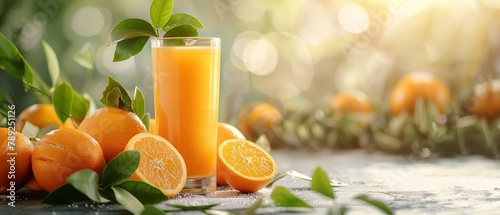 With room for an advertisement, a glass filled with fresh orange juice, oranges and leaves on a light background, Generative AI.