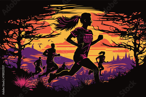 Running silhouettes. Vector illustration, Trail Running, Marathon runner, running postcard, trail running