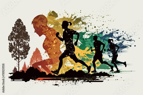 Running silhouettes. Vector illustration, Trail Running, Marathon runner, running postcard, trail running