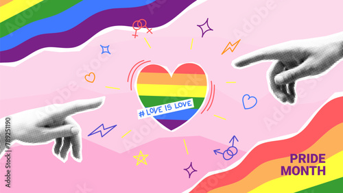 Pride Month collage concept. Vector illustration of hands reaching out to touch rainbow heart. Collage with cut out paper elements, halftone hands and doodles for decoration of LGBT events.