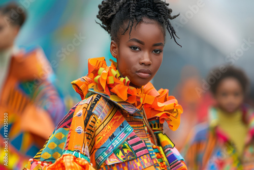 A photograph of a fashion runway show where the designer uses bold, saturated colors in the clothing