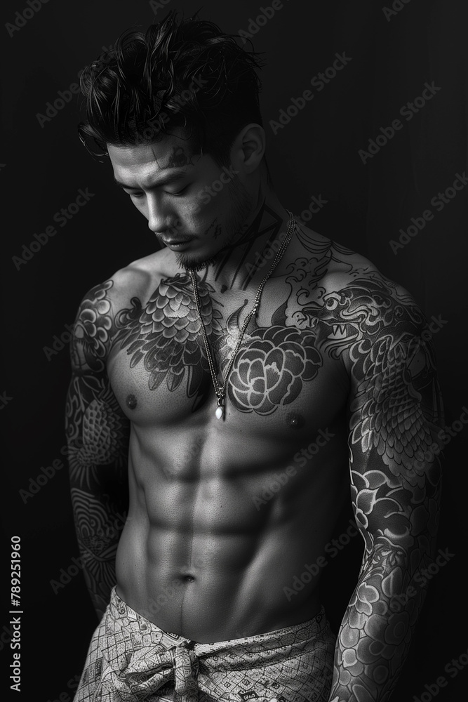 Handsome, young Yakuza member, his exquisitely tattooed body a masterpiece of artistry