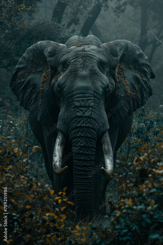 Fototapeta premium A photograph of an elephant whose trunk and tusks are enhanced with hydraulic mechanisms, increasing