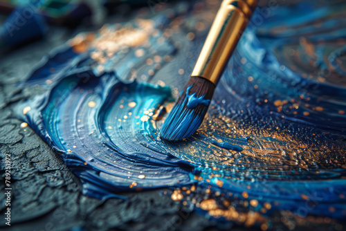 A photograph of an abstract painter blending blues, purples, and blacks with silver specks to repres photo