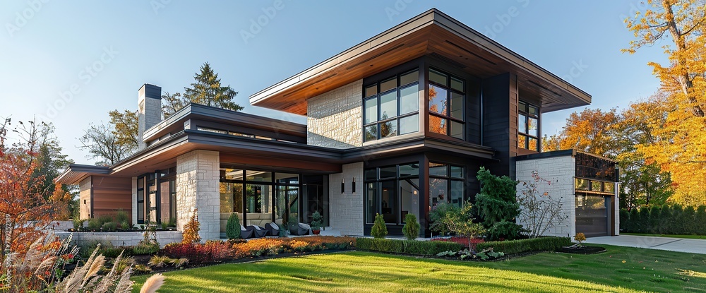 Luxury single family house exterior, side view.